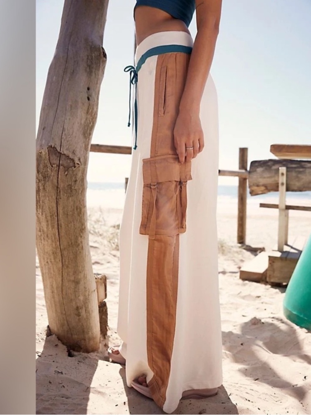 Free People FP Movement Playoff Colorblock Wide-Legs Pants Size Medium Ivory Tan - Picture 3 of 16